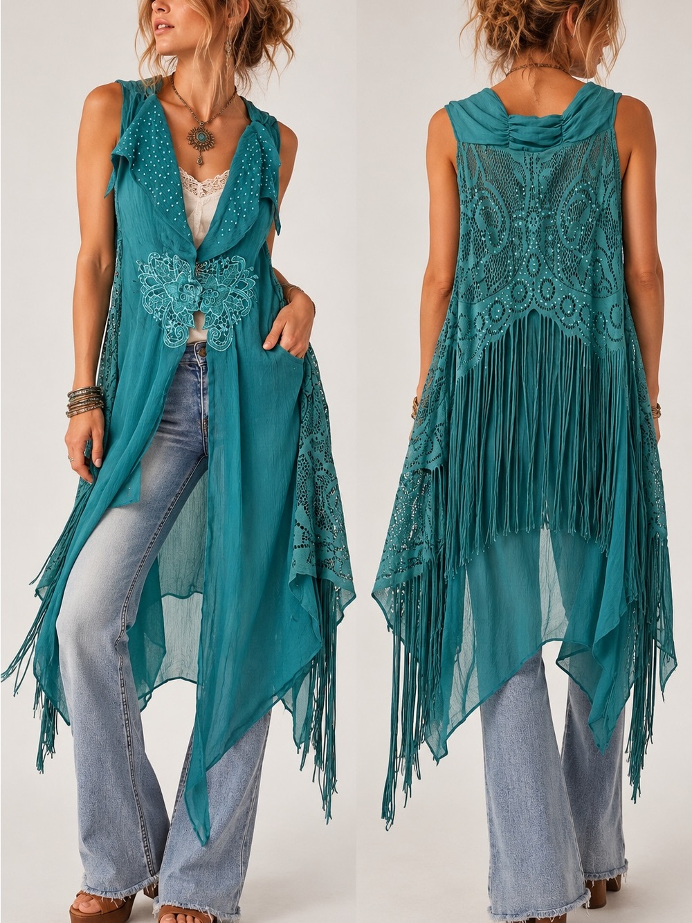 Y2K Pretty Angel Duster Vest M Butterfly Sheer Lace Rhinestone Fringe Boho Fairy